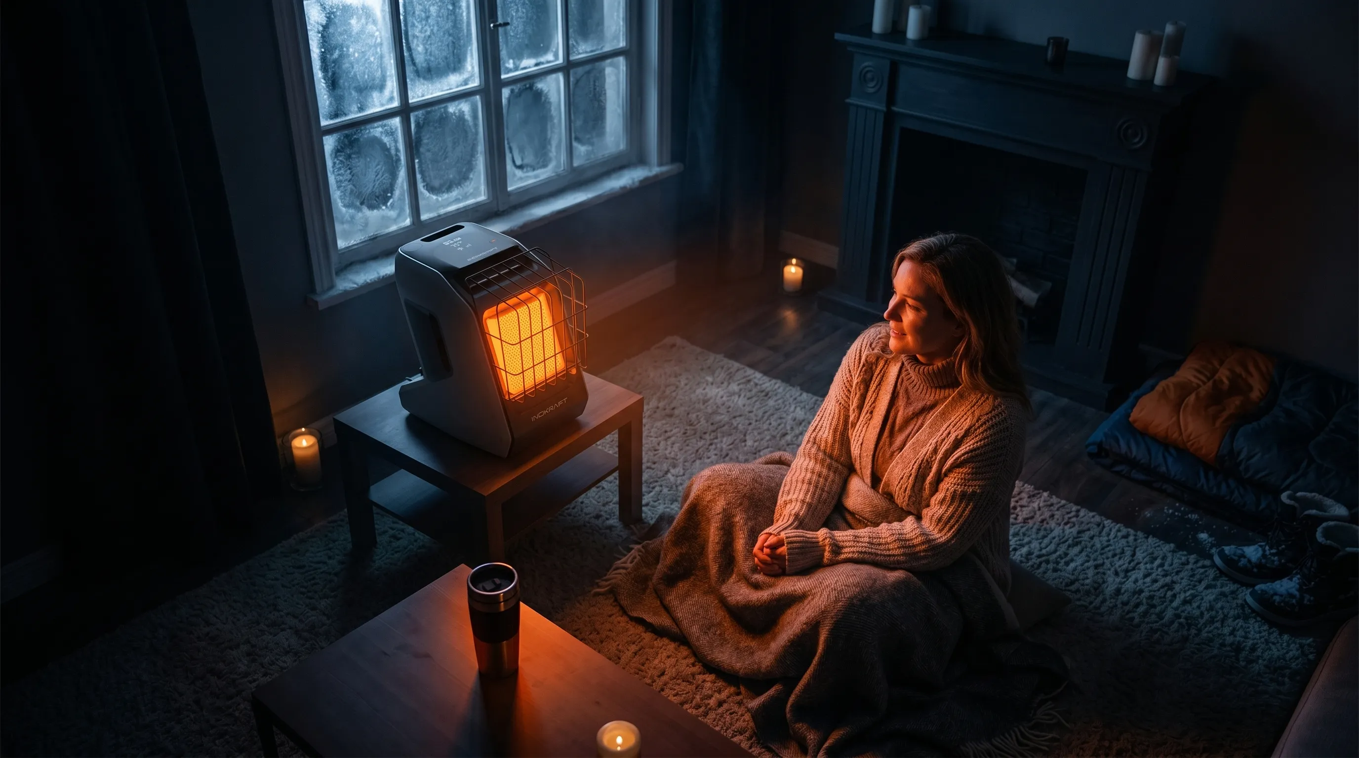Portable heater staged as backup warmth during a cold-weather outage