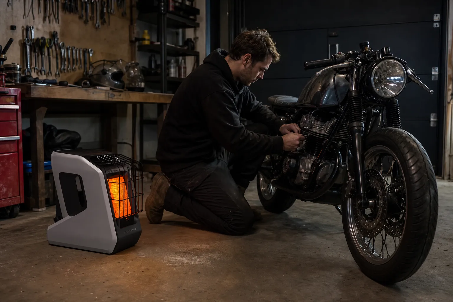 Portable heater warming a cold garage workbench