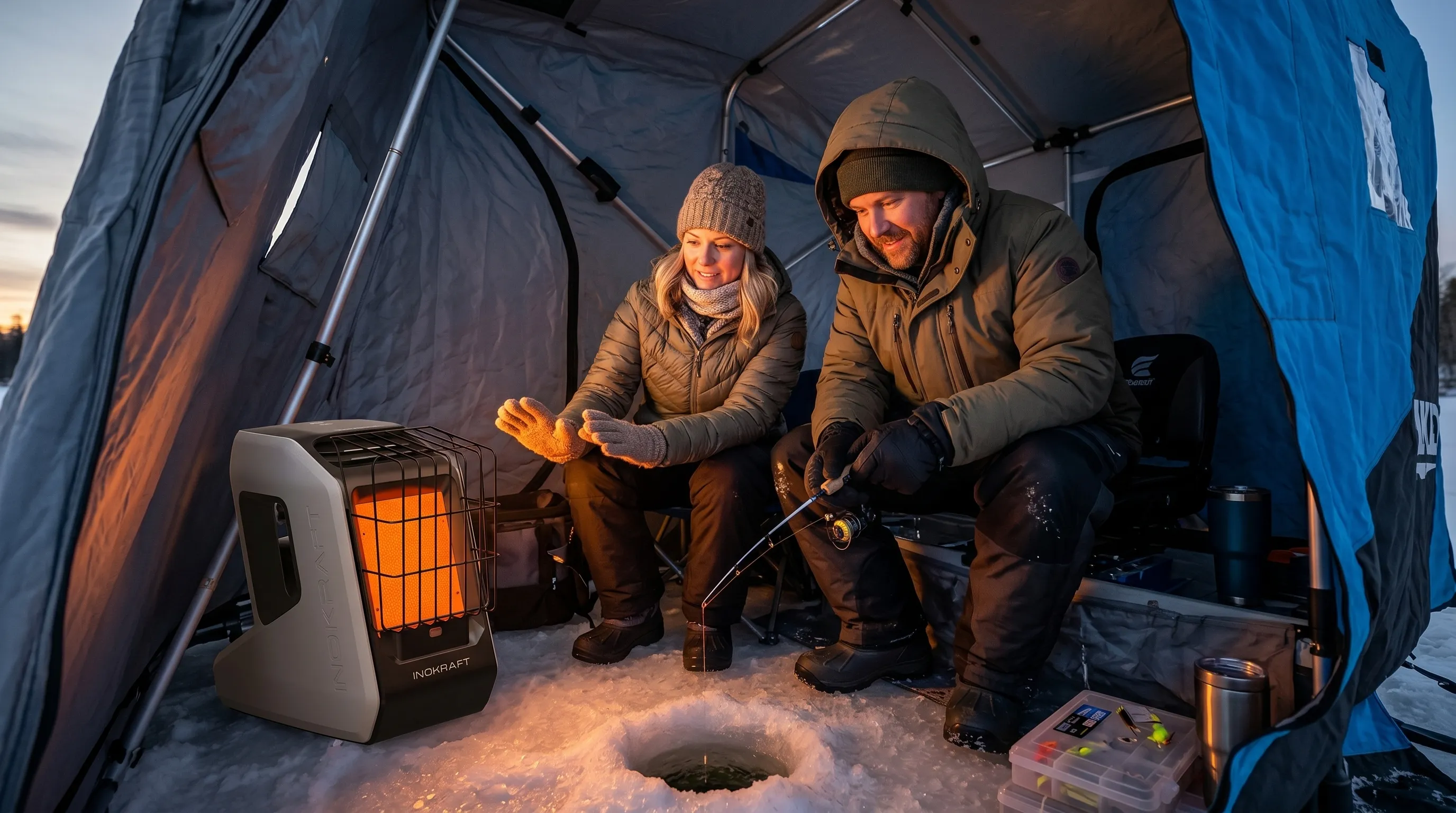 InoKraft Heater warming people inside an ice fishing shelter
