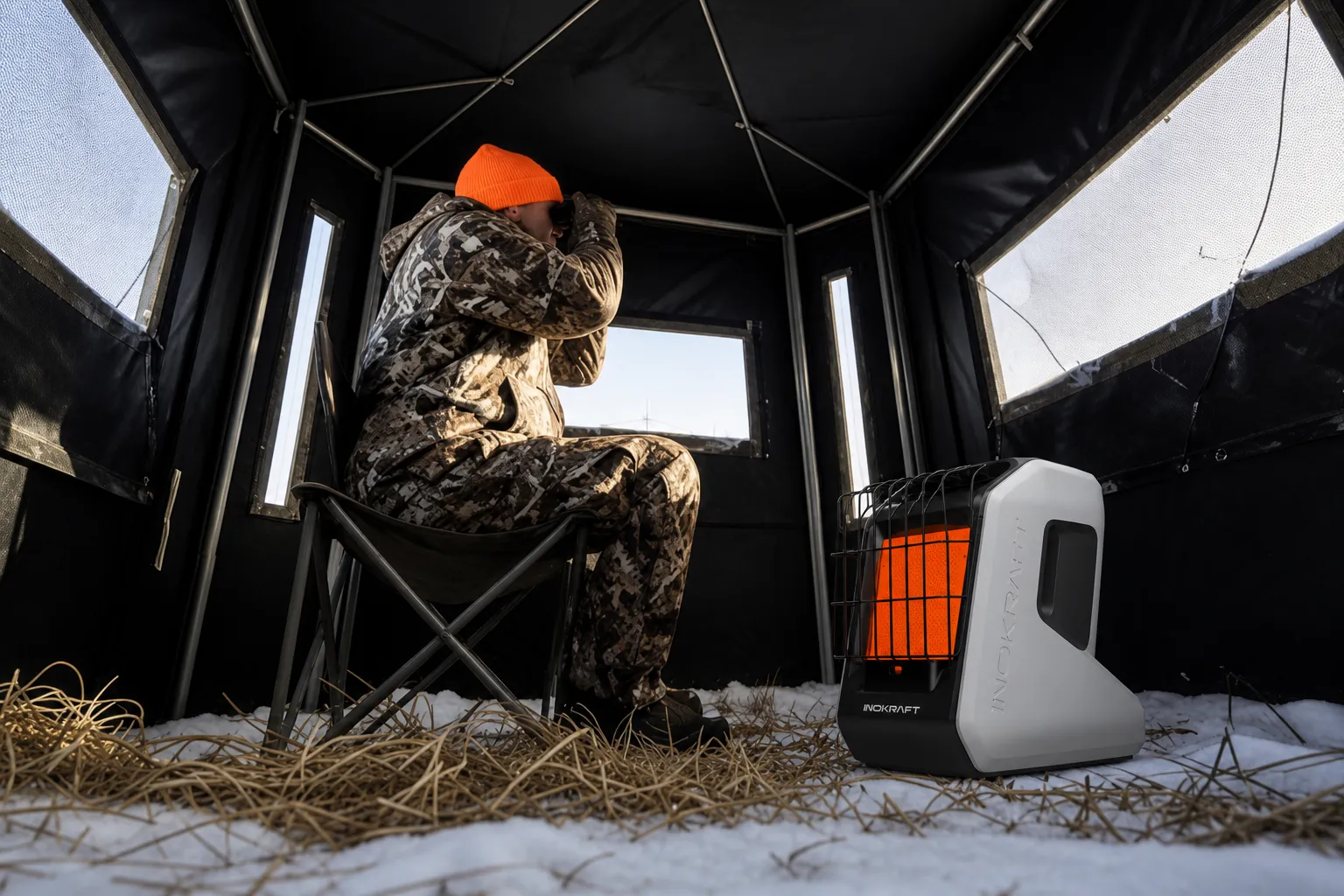 Cold outdoor waiting setup with portable heater nearby