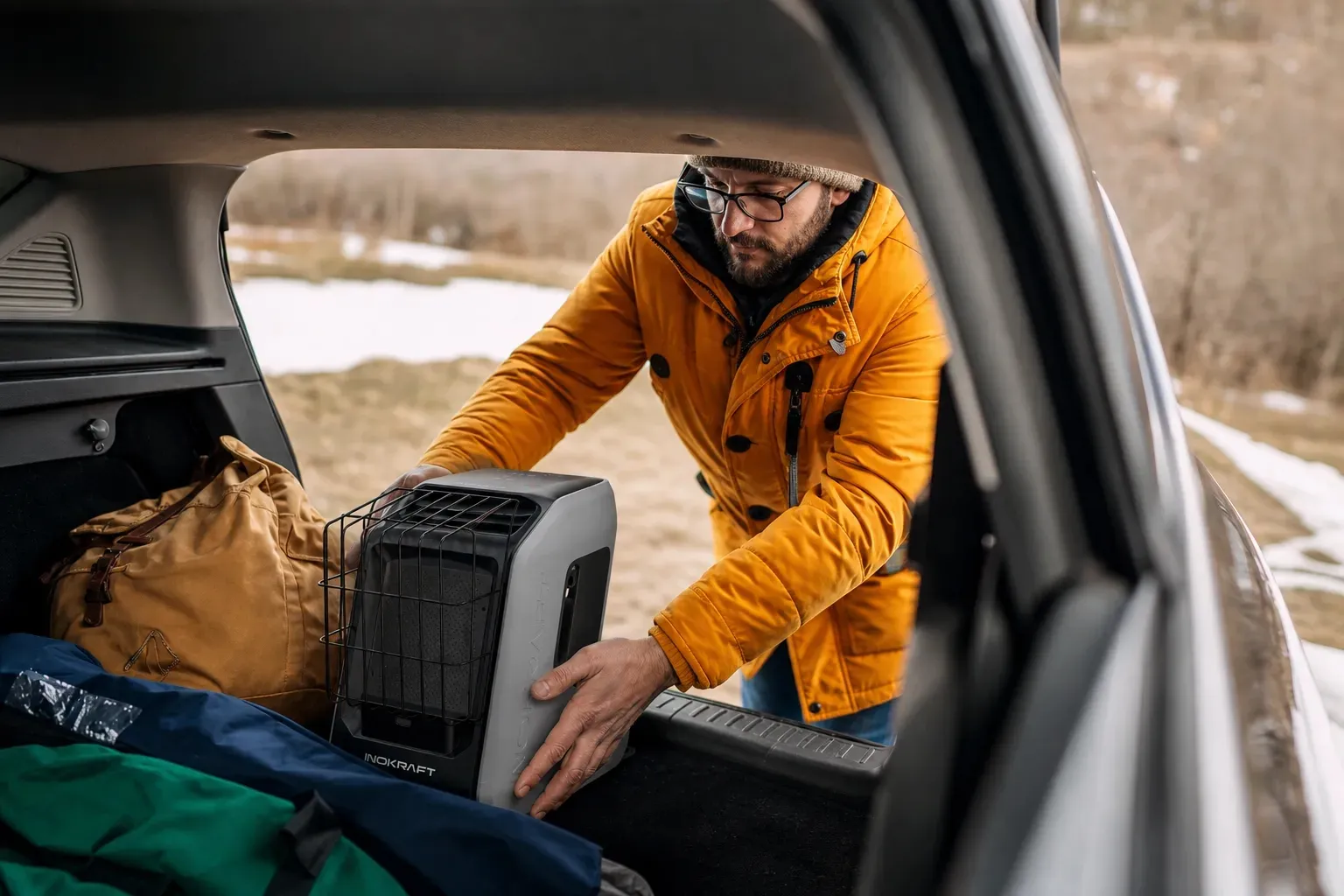InoKraft heater being packed into a vehicle for a winter trip