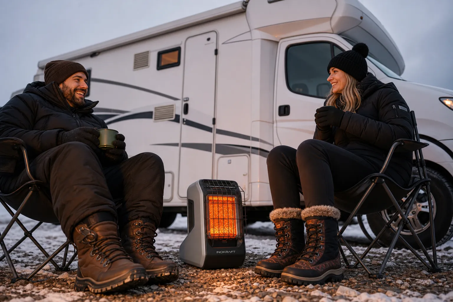 Snow-covered RV campsite with portable cold-weather heating