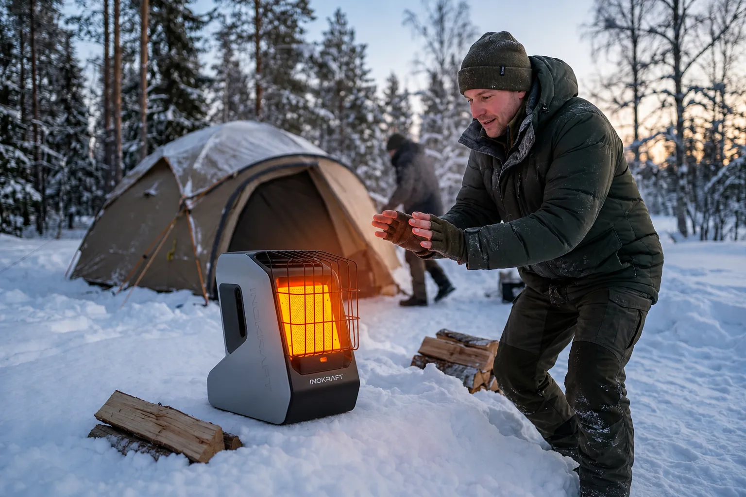 InoKraft Heater warming a snow-covered camping setup
